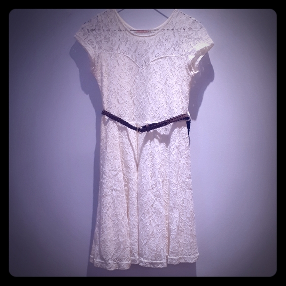ARDENE white lace dress with brown belt - Picture 1 of 6